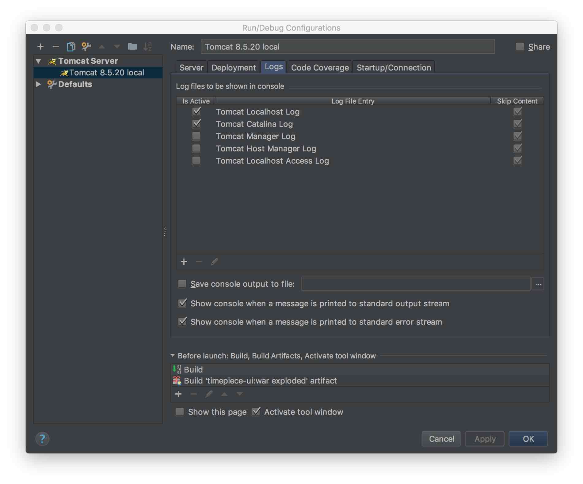 java Where is the "server log" for Tomcat when running externally