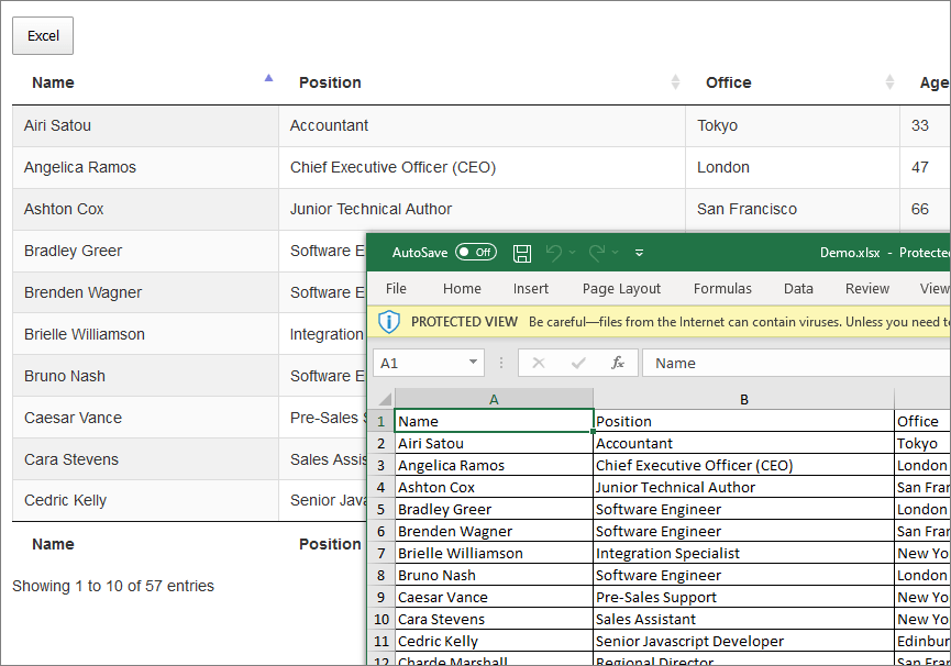 Datatables make all bordered cells when export to excel