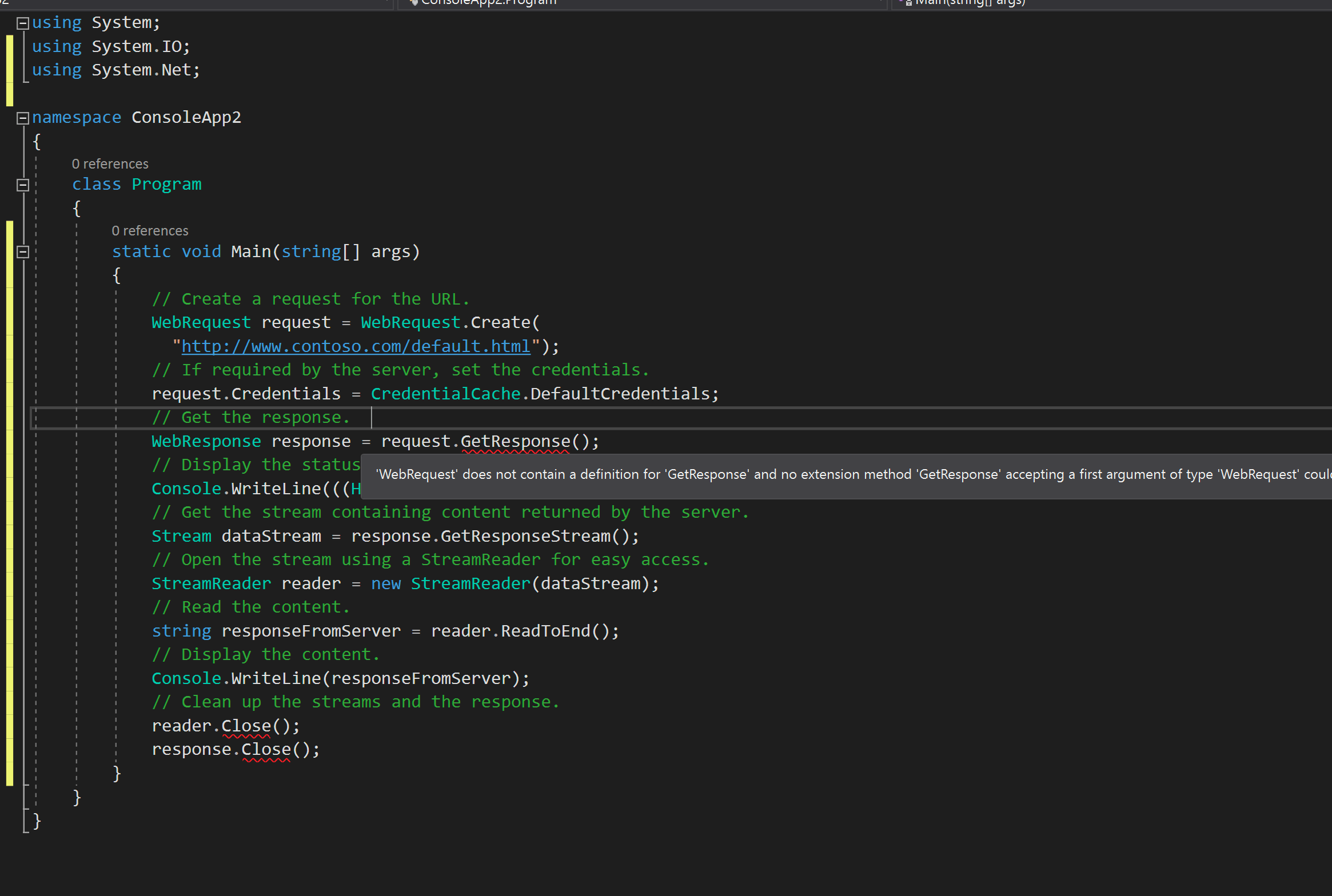 Using C get content from URL get this error “Request does not contain a definition for