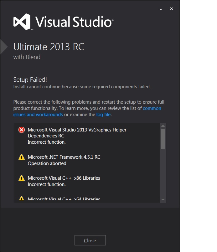 installer Microsoft visual studio 2013 installation failing Stack