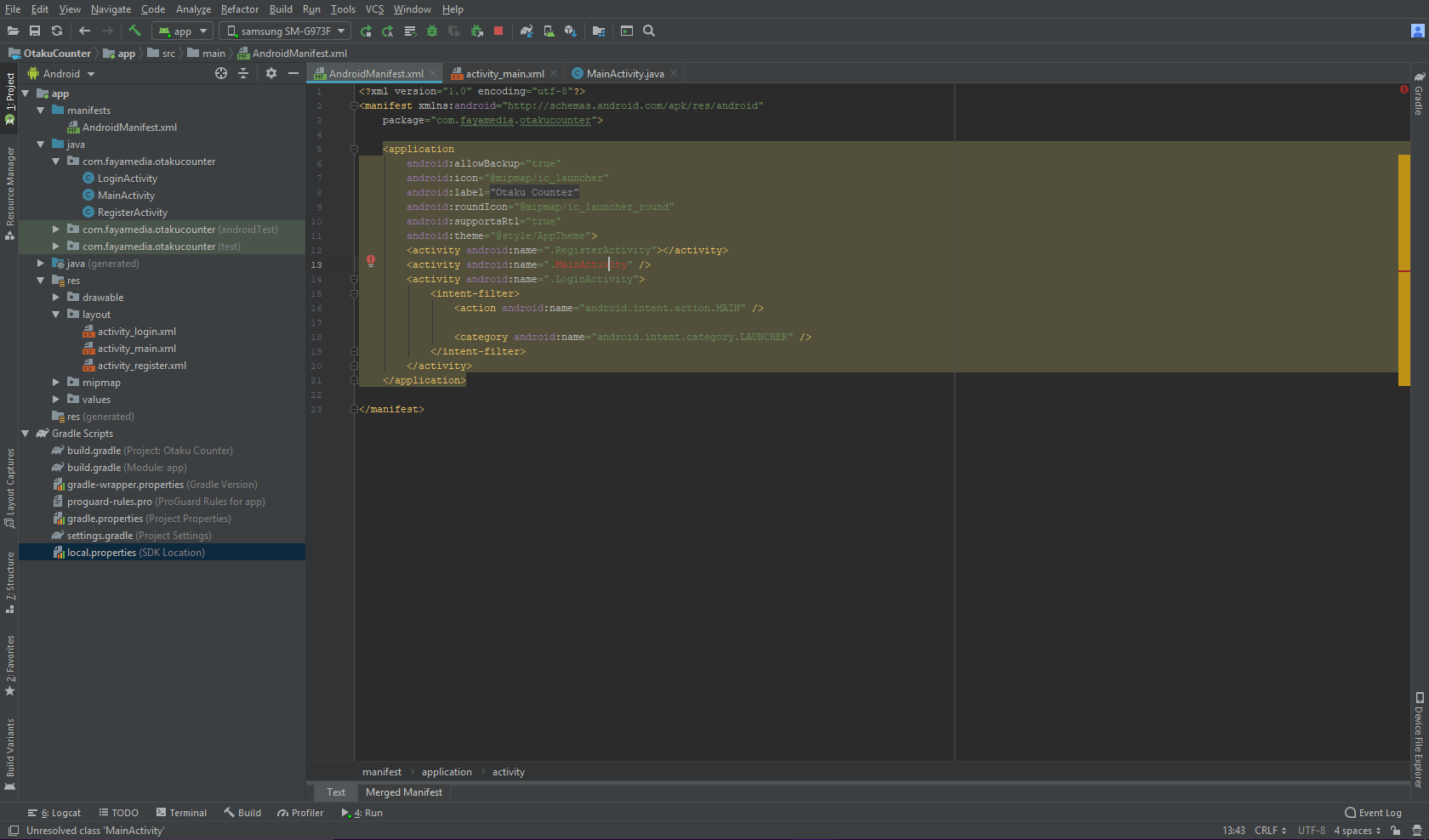 android Unresolved class MainActivity AndroidManifest.xml Stack