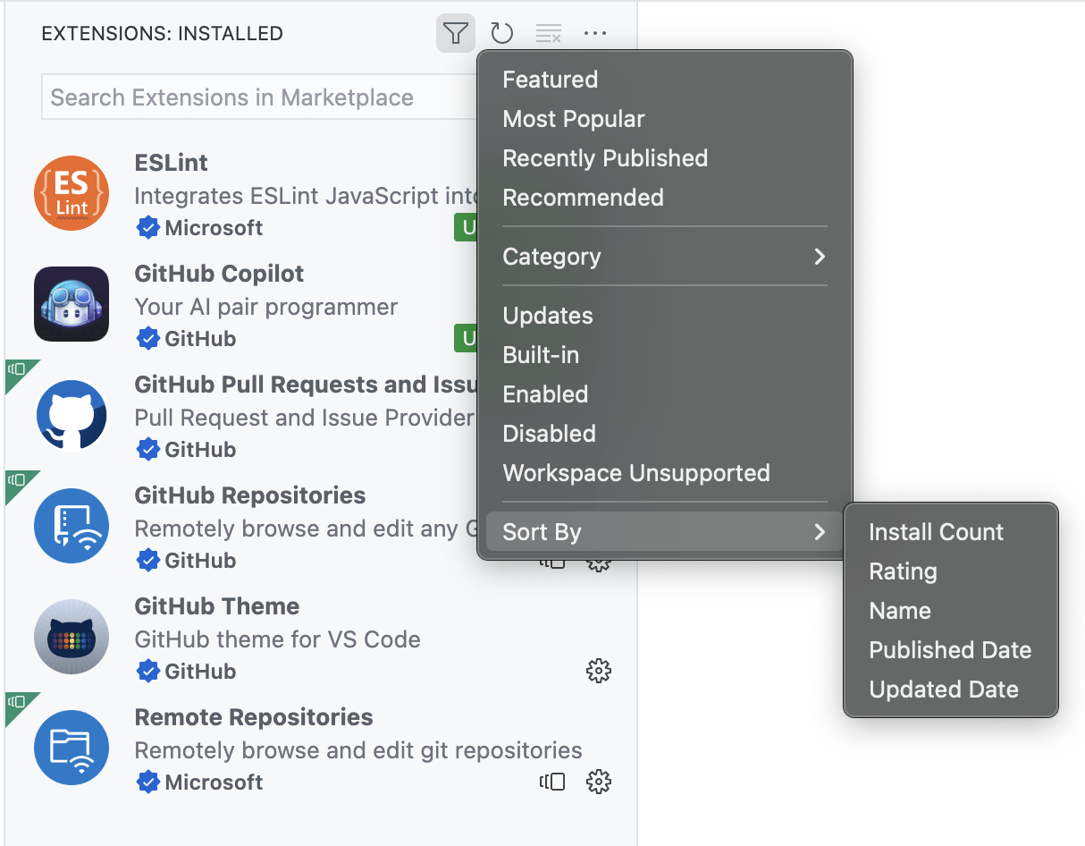 Can you sort installed VS Code extensions by category, like the builtin ones? Stack Overflow
