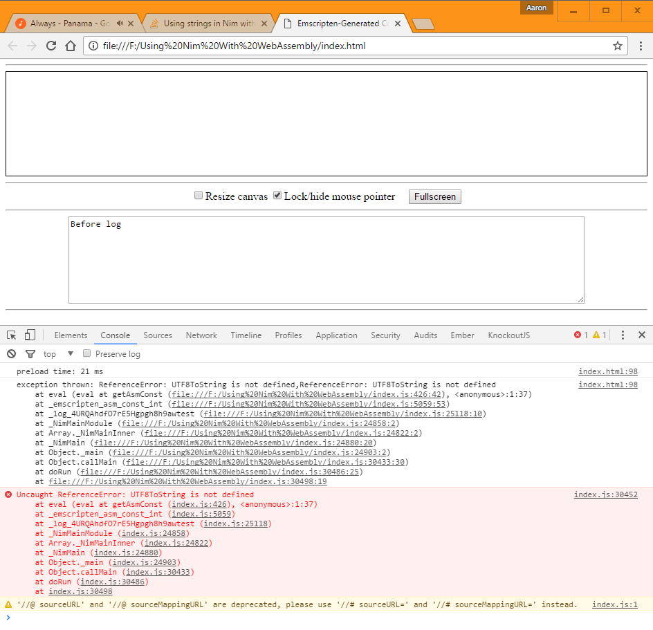 Using strings in Nim with Emscripten causes JavaScript error Stack