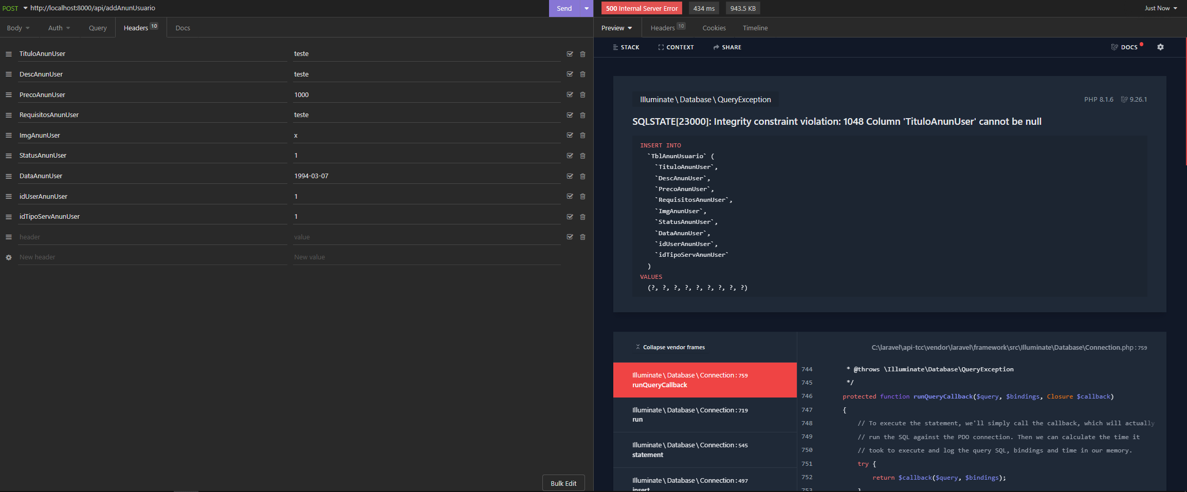 php SQLSTATE[23000] Integrity constraint violation 1048 Column