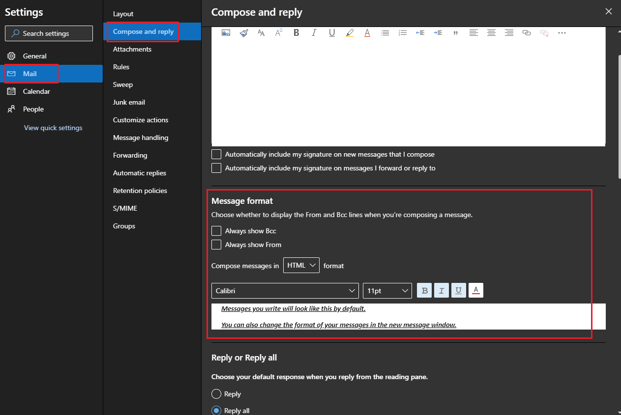 Outlook Web App does not allow Calibri 11 as default font