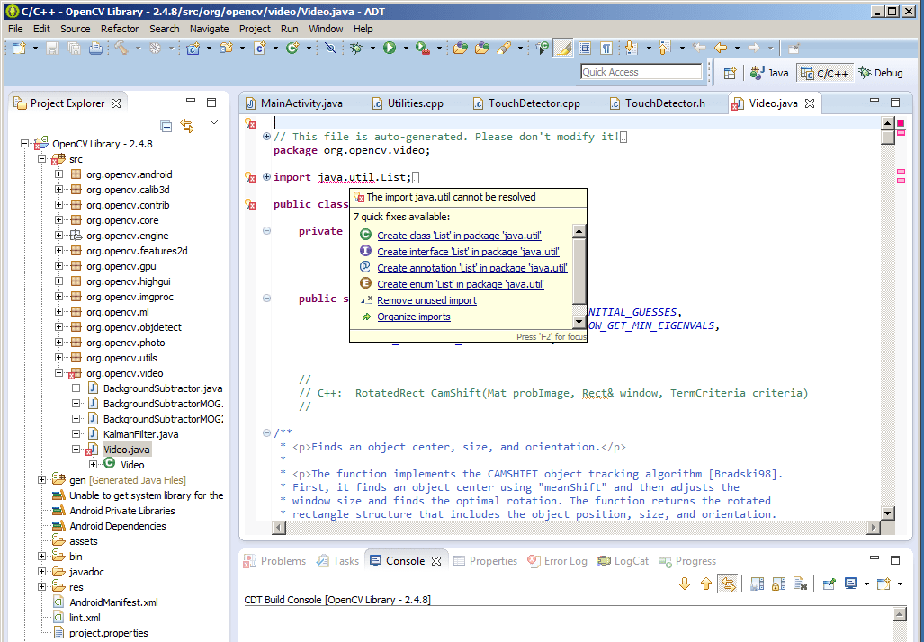 "The import java.util cannot be resolved" for OpenCV2.4.8 Android SDK