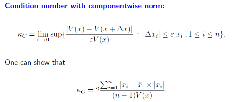 matrices condition number with componentwise norm for the sample