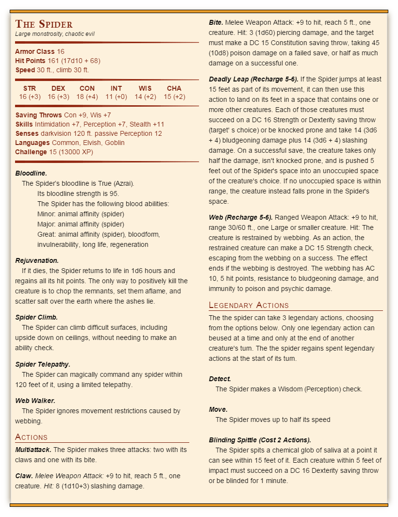 dnd 5e Stats for Birthright's The Spider that are compatible with 5e