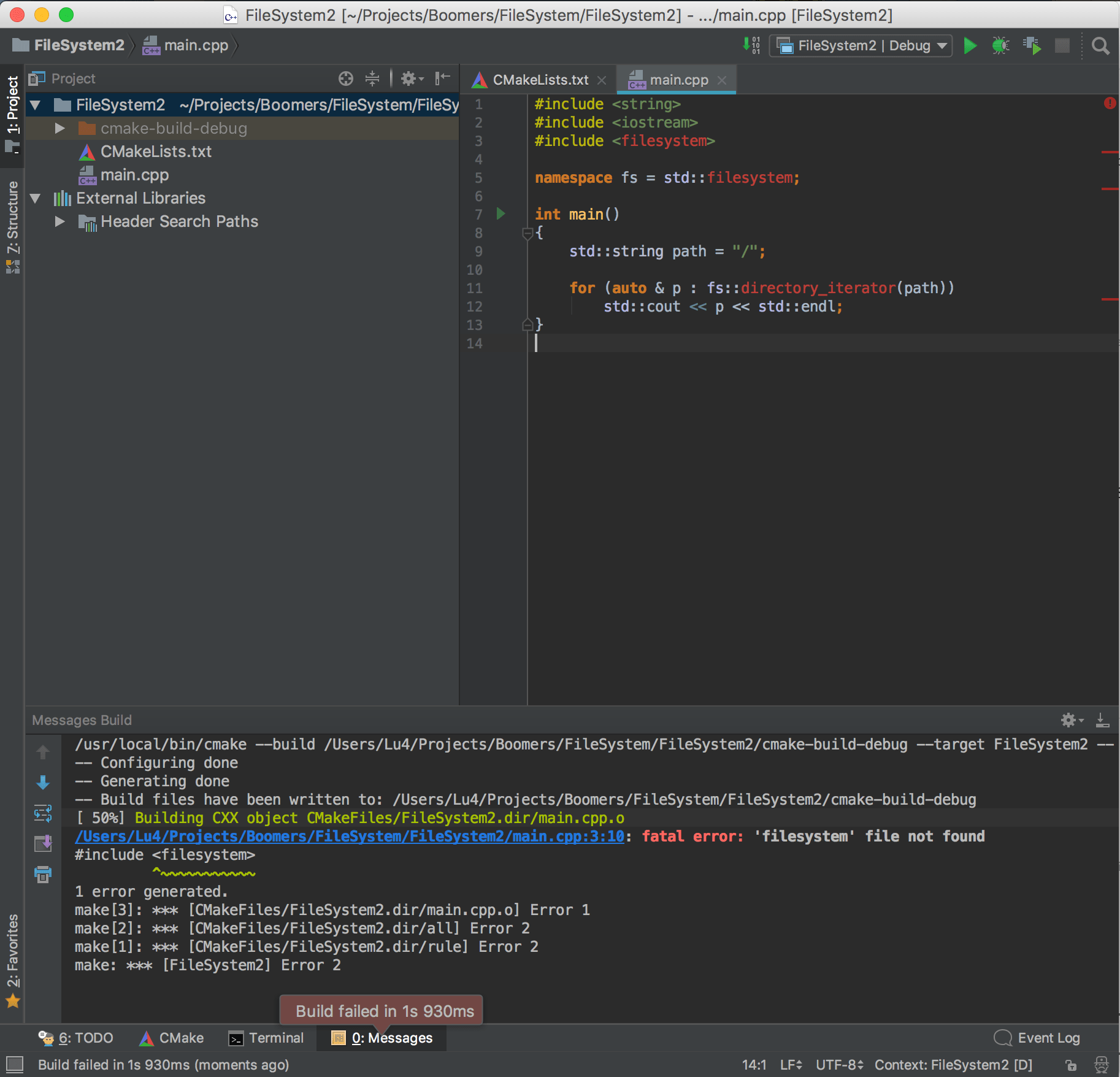 `filesystem` with c++17 doesn't work on my mac os x high sierraHow to