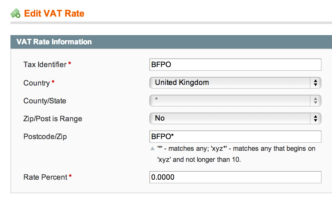 How do I set up 0 VAT for shipping via BFPO Postcodes in Magento