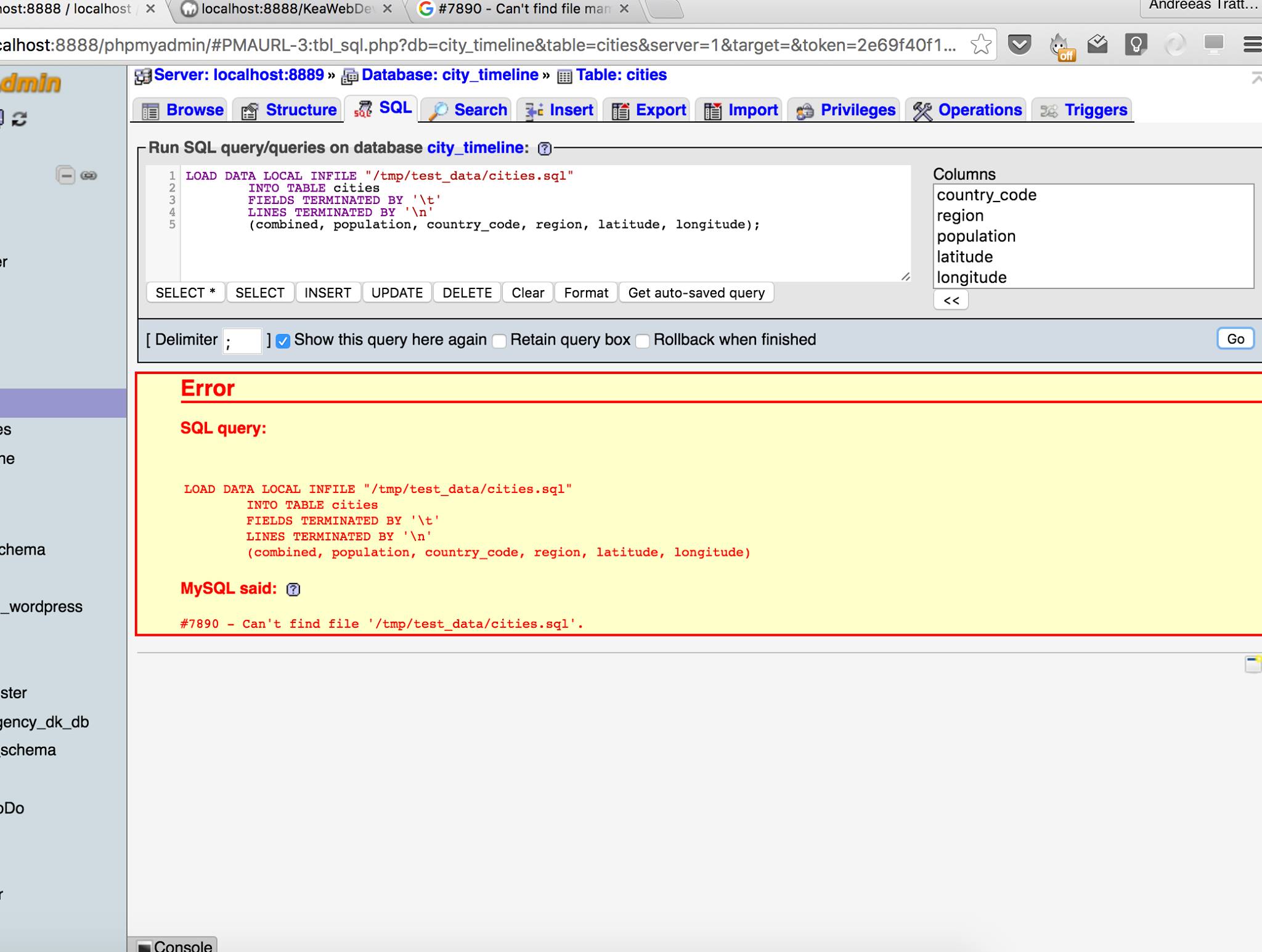 php Can't find .sql file in sql query phpmyadmin (13 Error) Stack