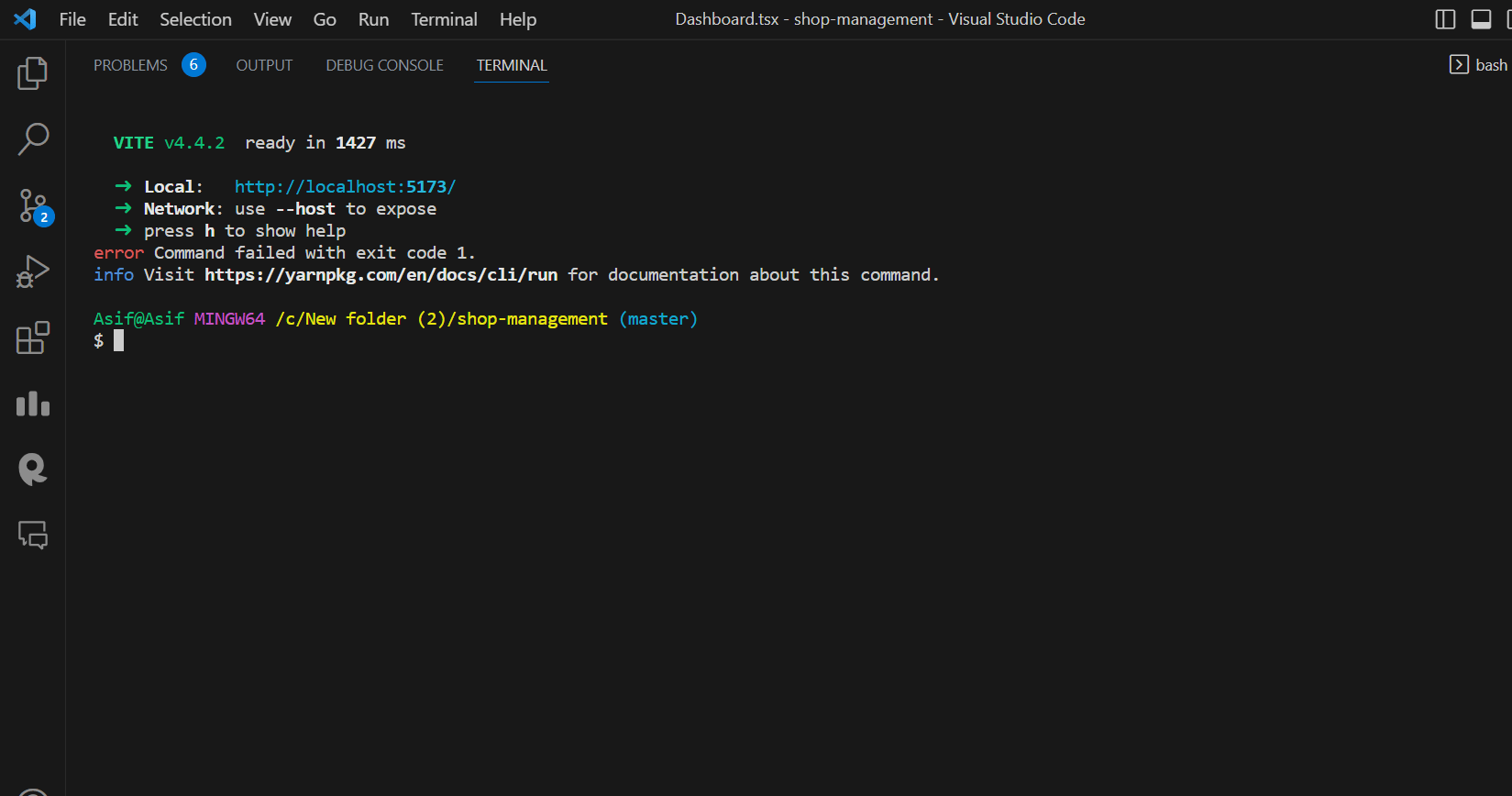 reactjs error Command failed with exit code 1. when i close the yarn