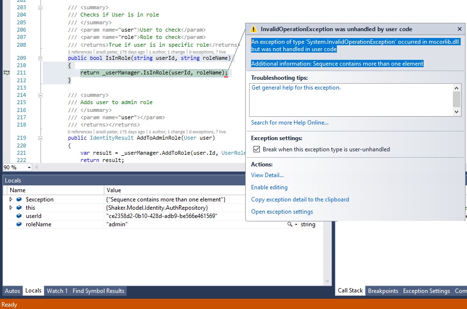 c Identity Core IsInRole InvalidOperationException Sequence