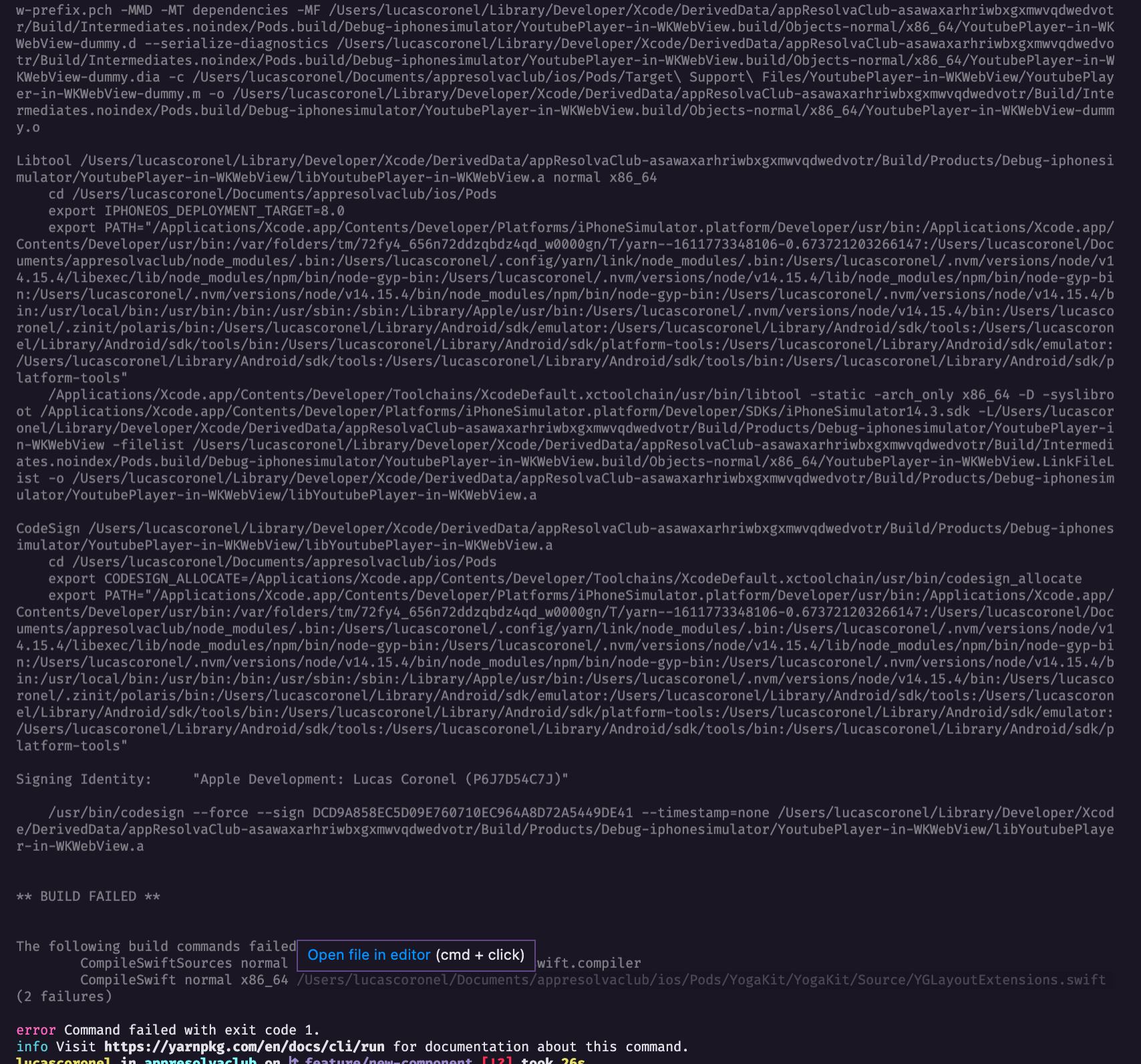 react native error Failed to build iOS project. We ran “xcodebuild” command but it exited with