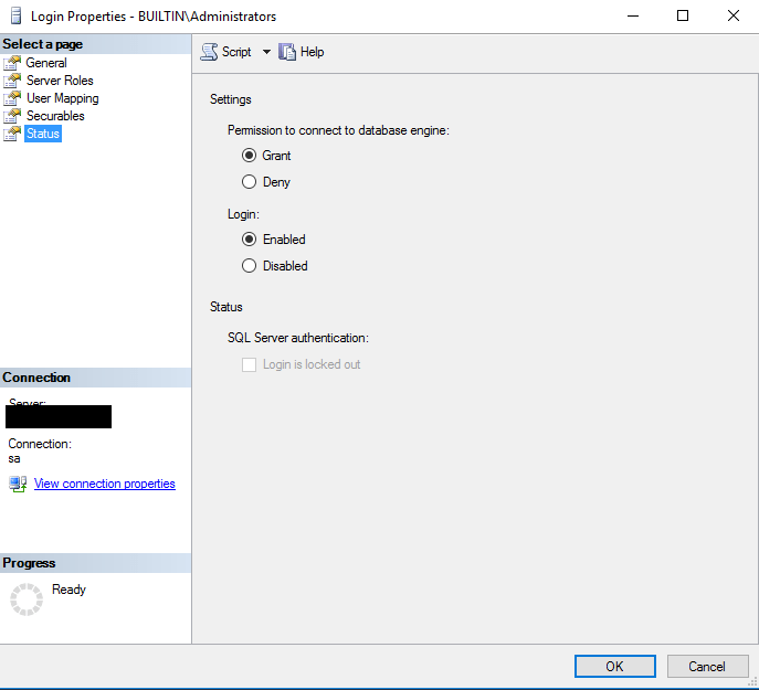 security Builtin\Administrators doesn't permit access Database
