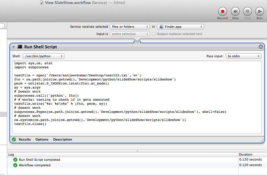 macos calling a python executable script from apple service created