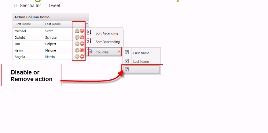 removing Action column selection from column selection Extjs Stack