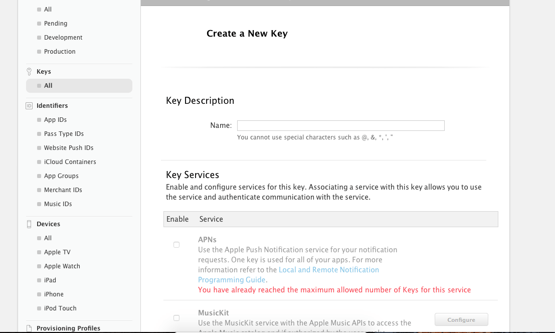 apple service can not create 3 key service with apns