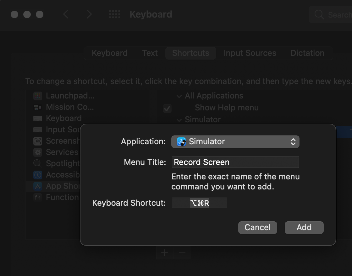 swift How to change Record Screen shortcut key + R) in Xcode