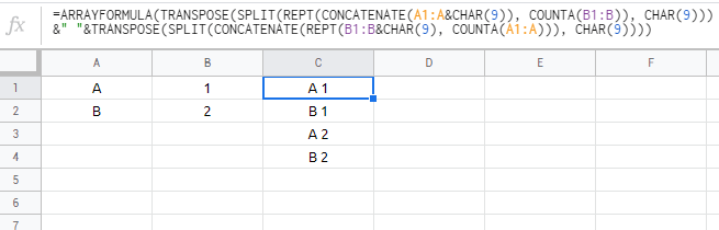 google sheets Mix data of multiple columns into one column Stack