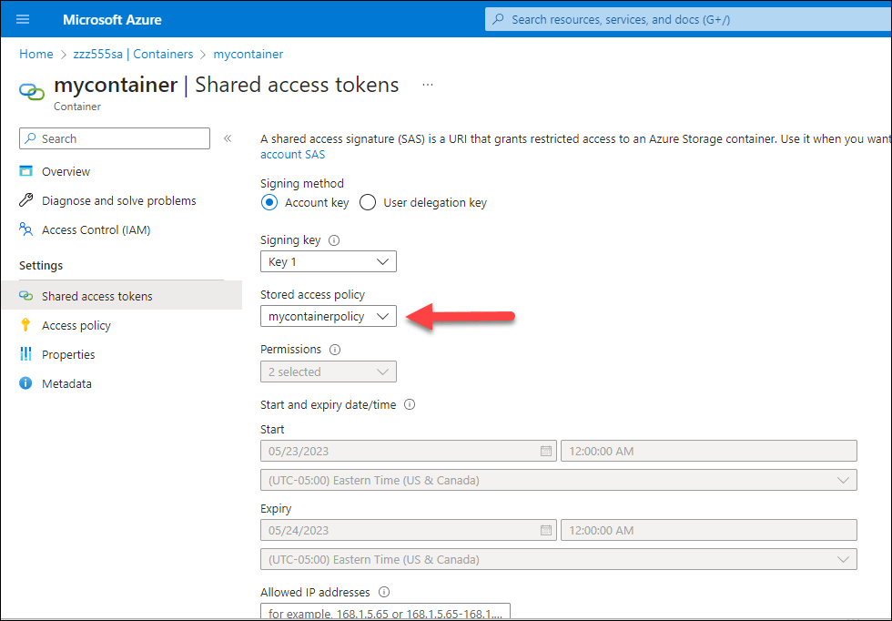 How to create a shared access signature with a stored access policy for