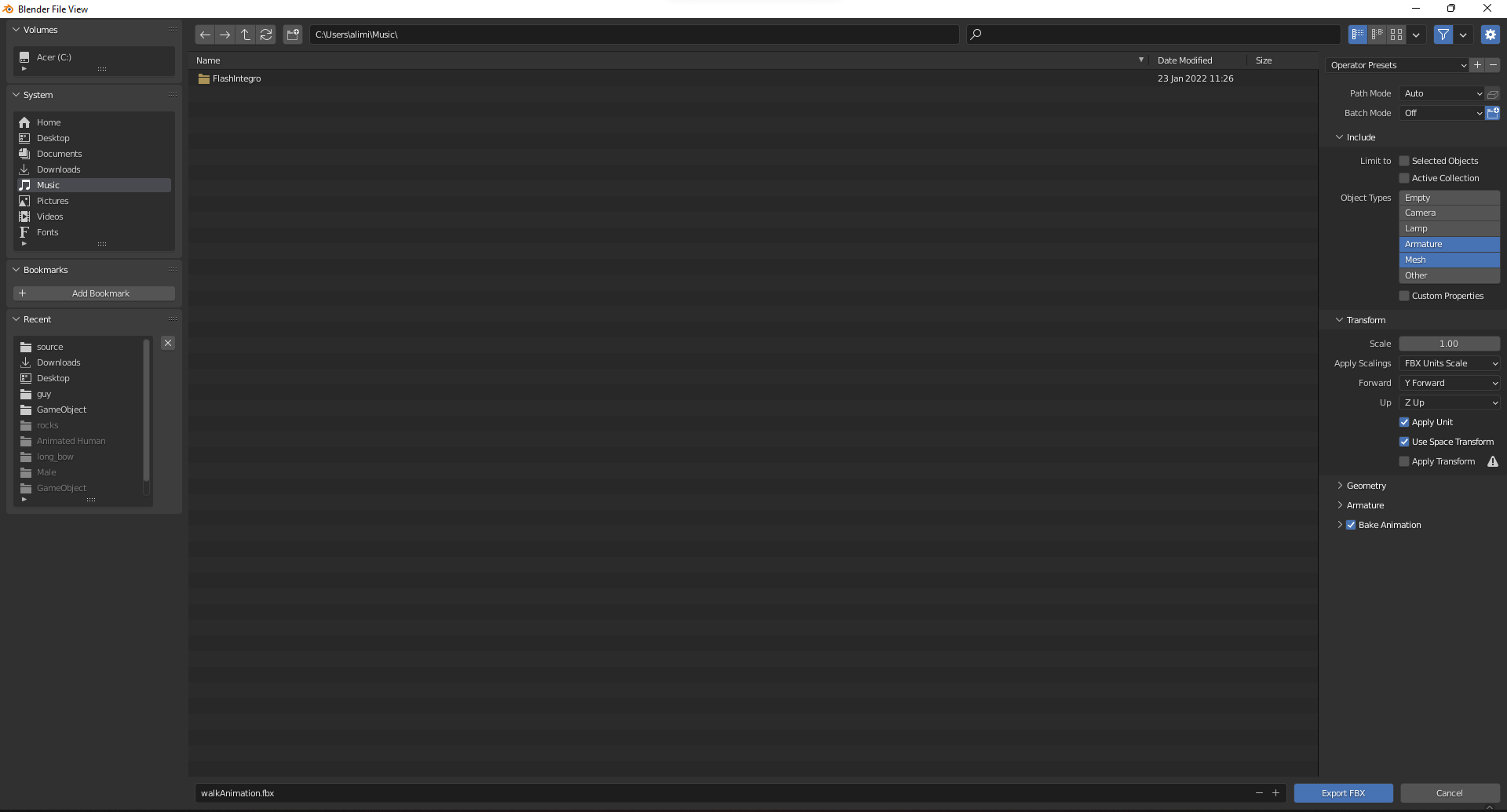 I made an animation, and I tried to export it as an FBX. Microsoft 3D