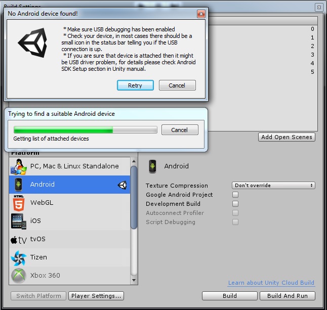 list Unity cannot find any android devices Stack Overflow