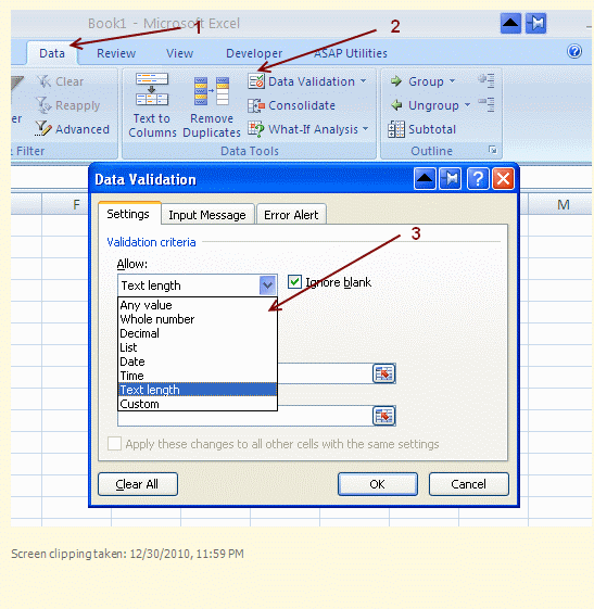 Excel restrict to fixed text or integer length in the given range of