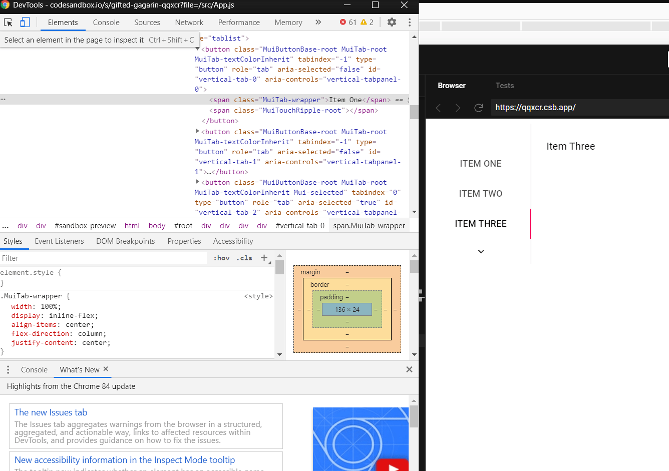 reactjs How to modify the wrapper css rule of a Tabs component to