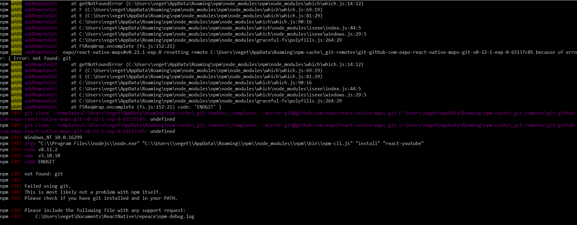 git How to install "npm install reactyoutube" ? (ERROR