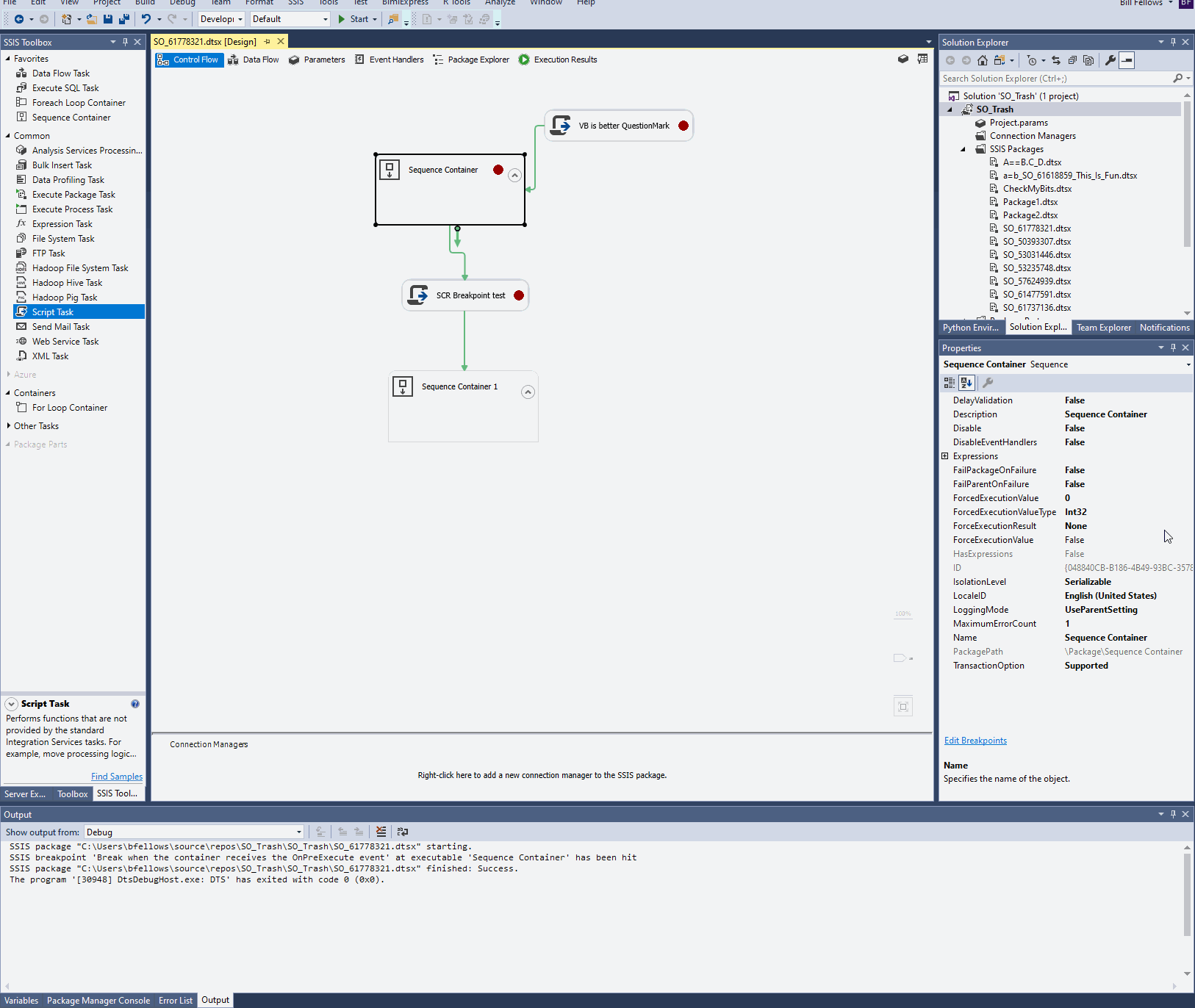 SSIS package will stop on breakpoint in script task