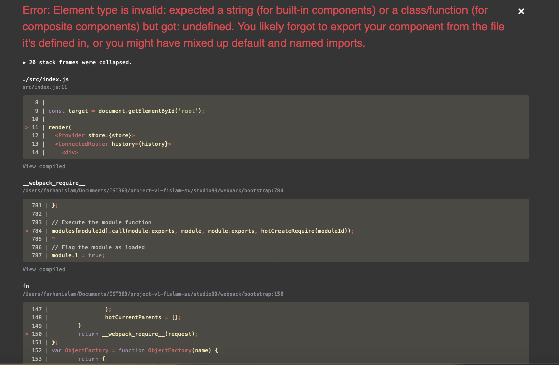 javascript React Native error! Element type is invalid expected a