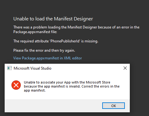 winui 3 Unable to load the manifest designer, PhonePublisherId is