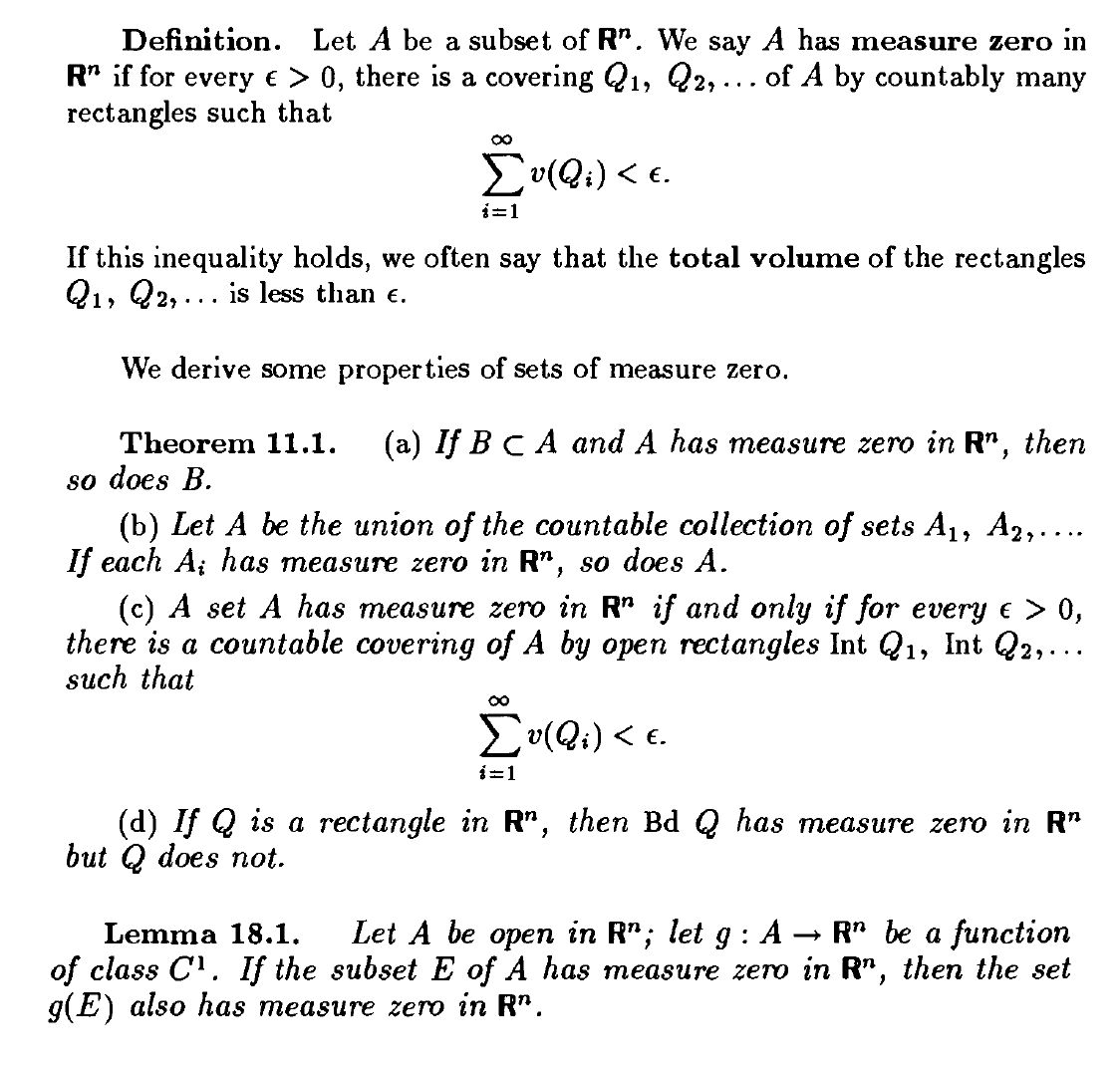 integration Definition of zero measure sets in a manifold