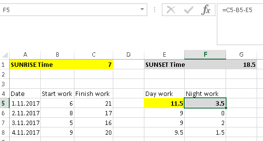 Day and night time calculation in Excel sheet Stack Overflow