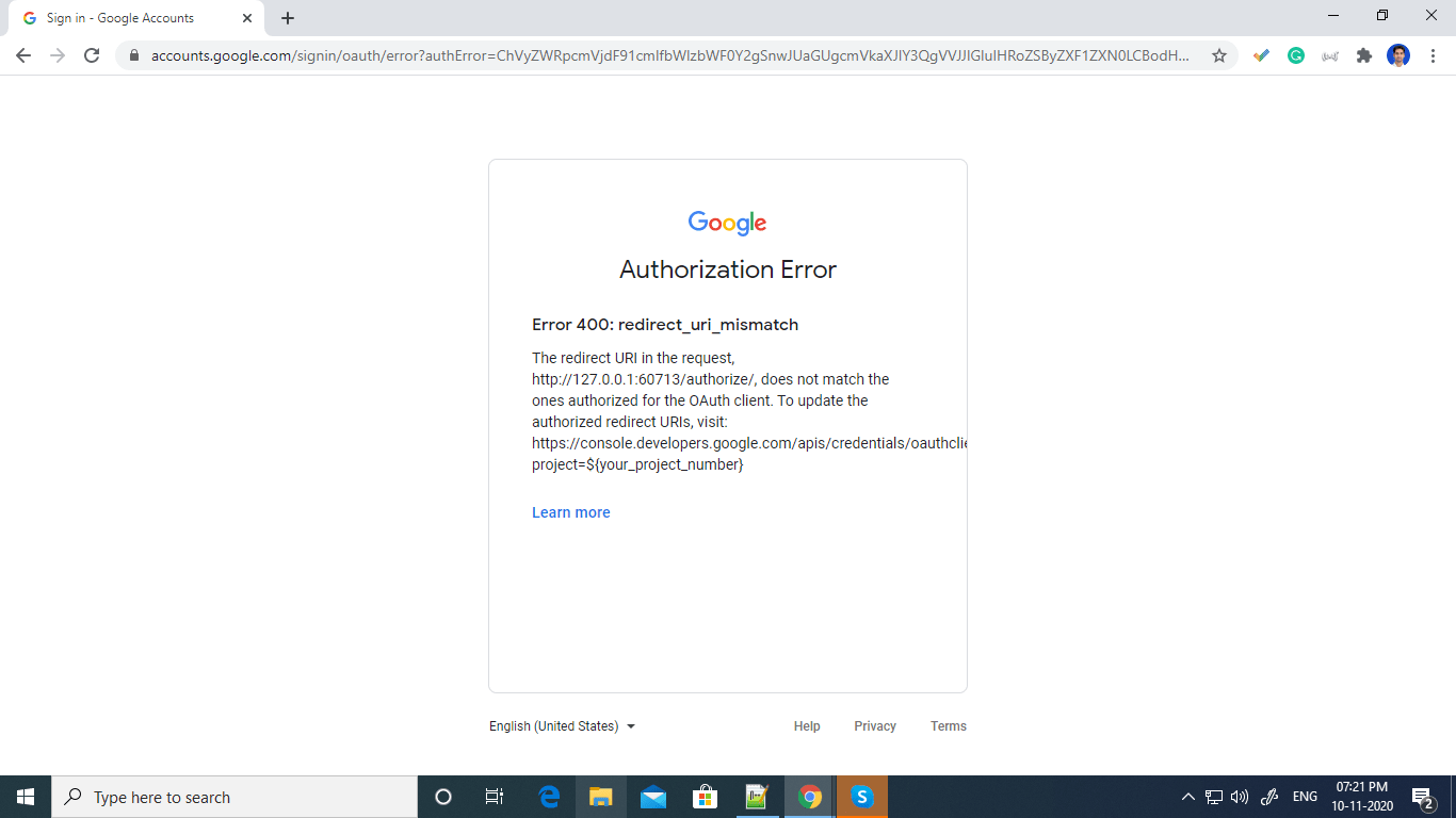 core Authorization Error Error 400 redirect_uri_mismatch in