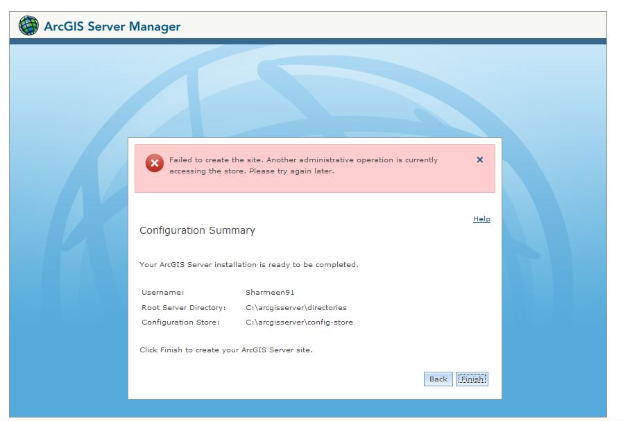Error while creating a site on arcGIS server manager Geographic