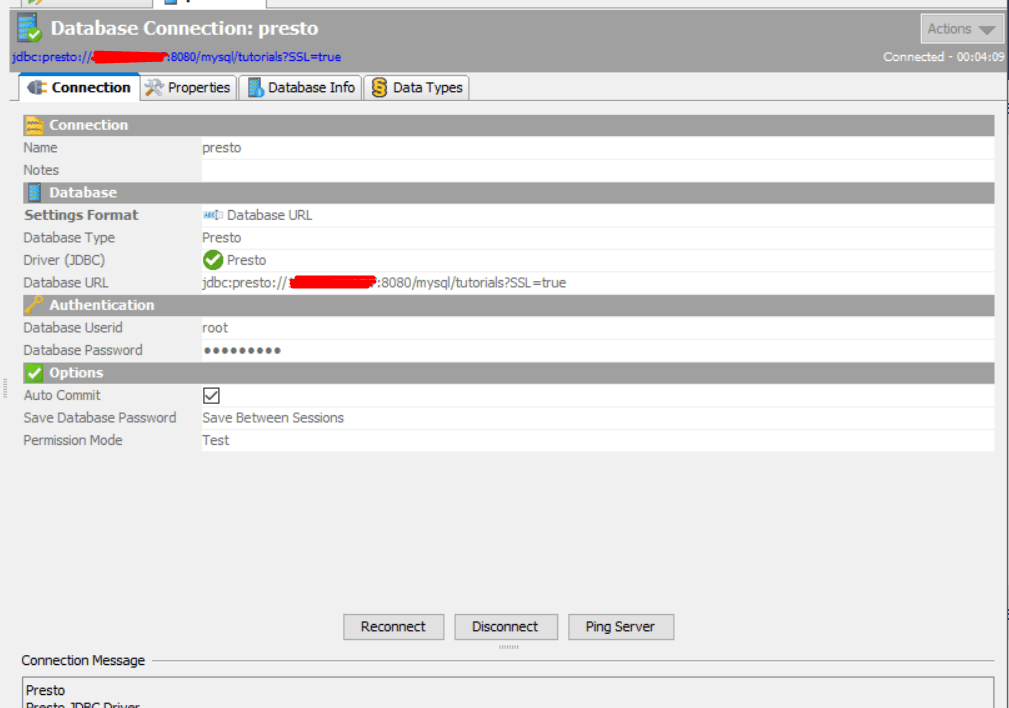 mysql Unable to query Presto database using Dbvisuallizer Error