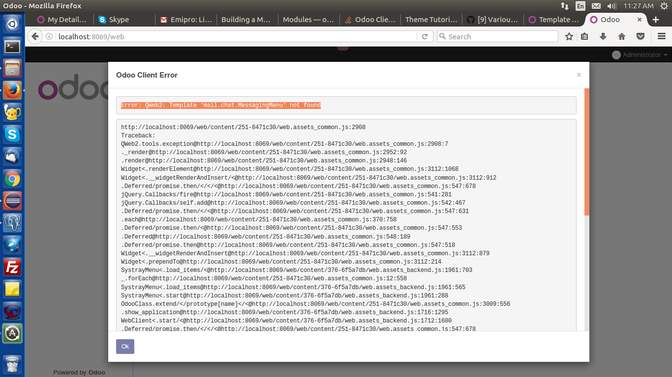 Odoo Client Error Error QWeb2 Template 'mail.chat.MessagingMenu' not