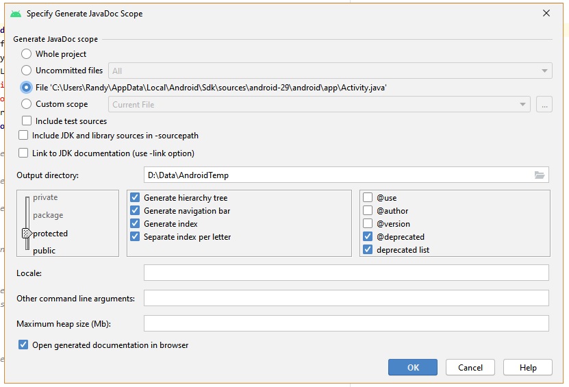 Android Studio Javadoc won't generate because "Selected