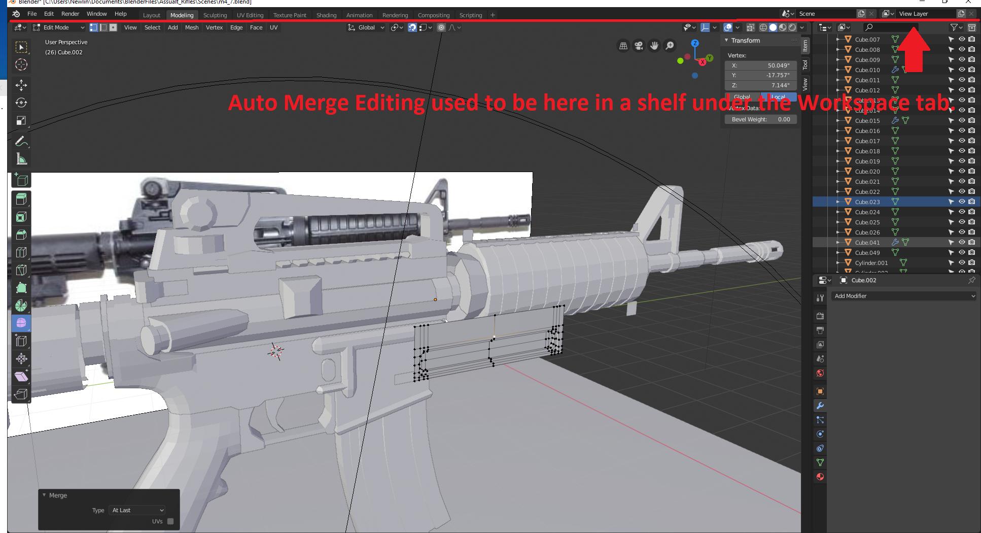 modeling Auto Merge Editing in Workspace option shelf is gone? Blender Stack Exchange