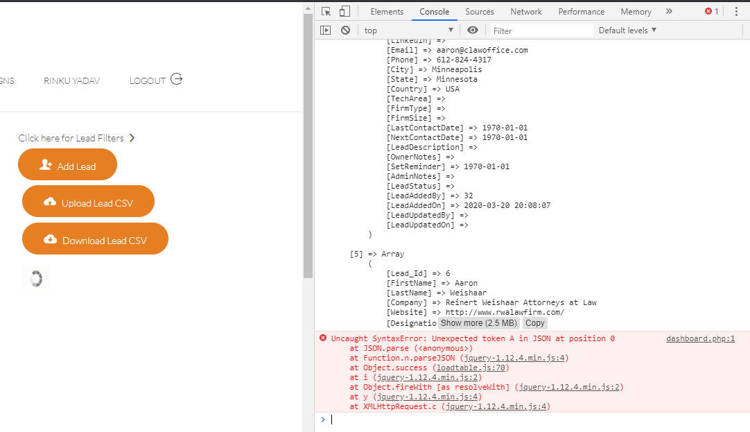 php Error in console output for json_encode to display the result in