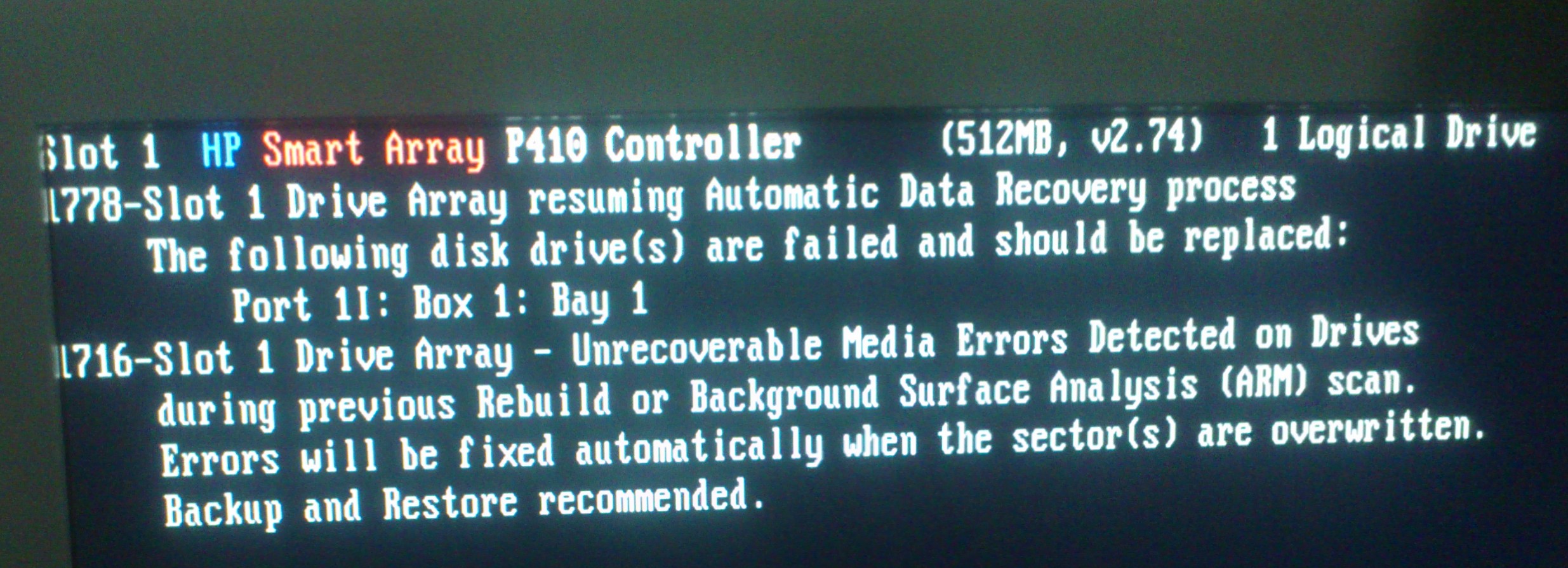 vmware esxi HP Proliant DL180 G6 Smart Array P410, bay 11 error Server Fault