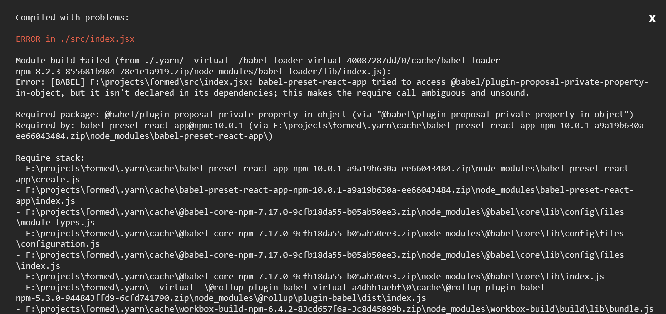 reactjs I get an error when I do 'yarn start'(Required package