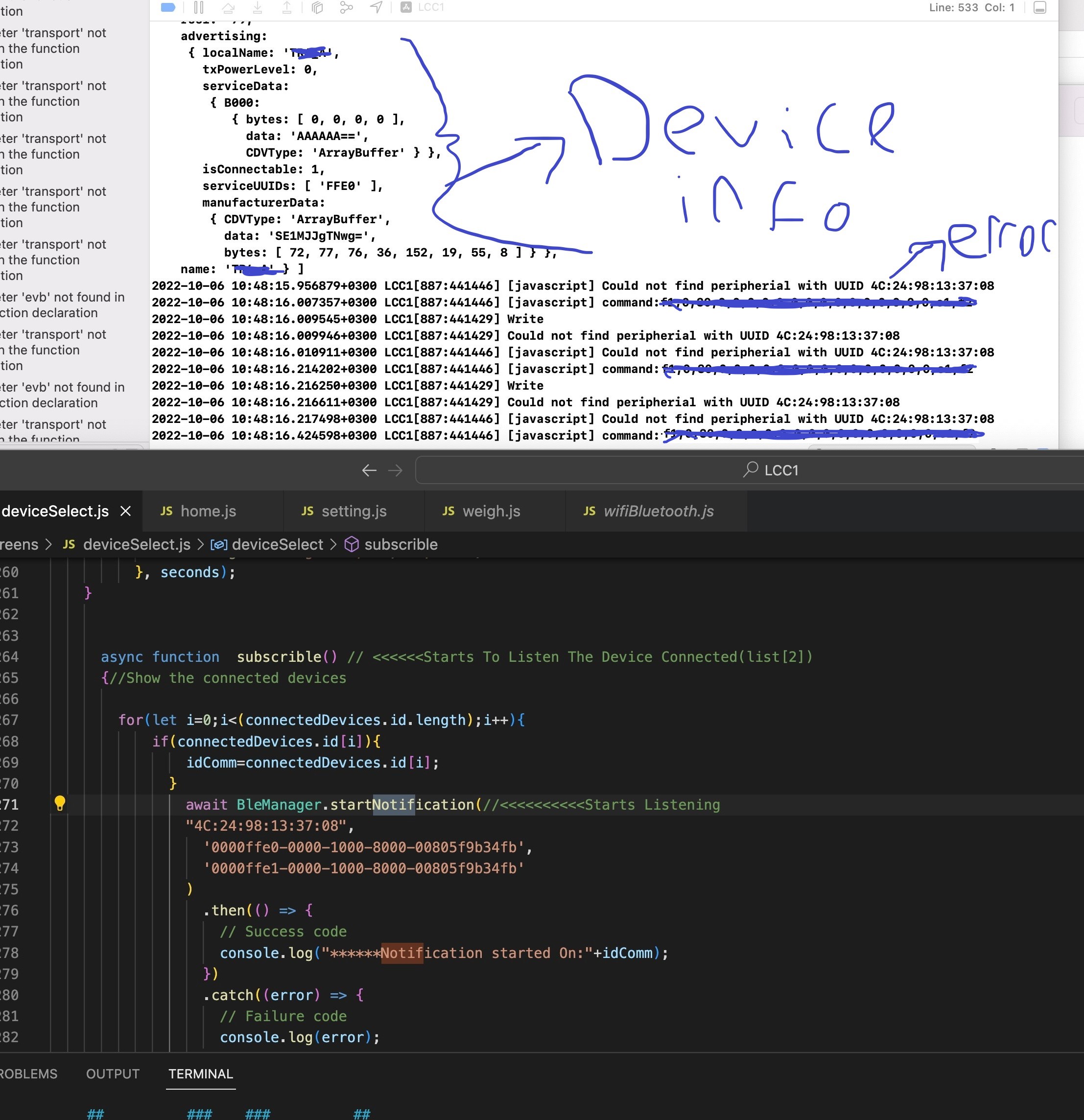 javascript ReactNative BLE Manager works on Android but not IOS (could not find service with