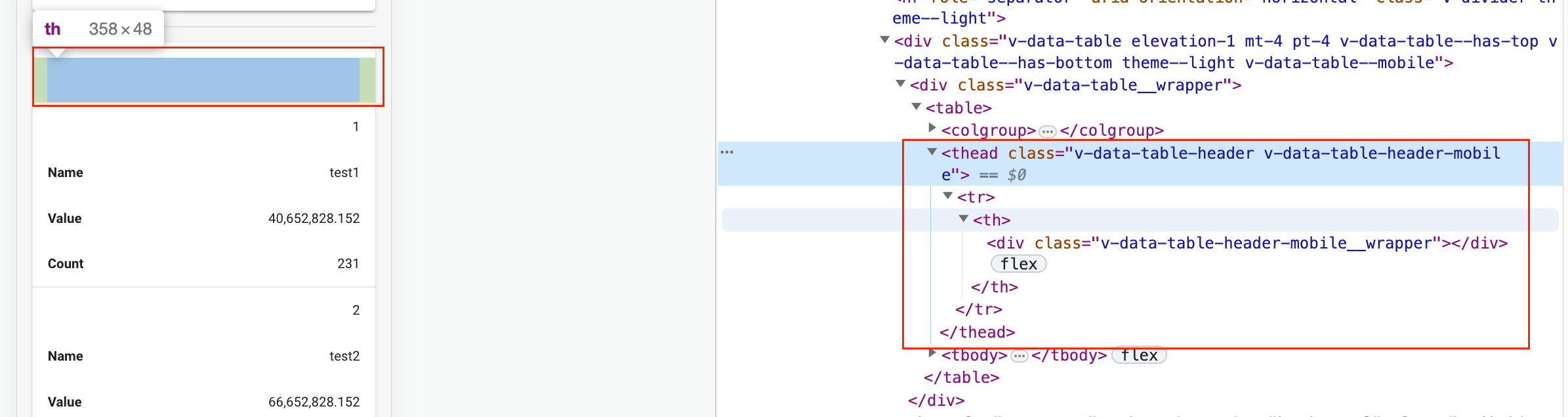 html How can I insert content into the blank space at the top of a vdatatable in its mobile