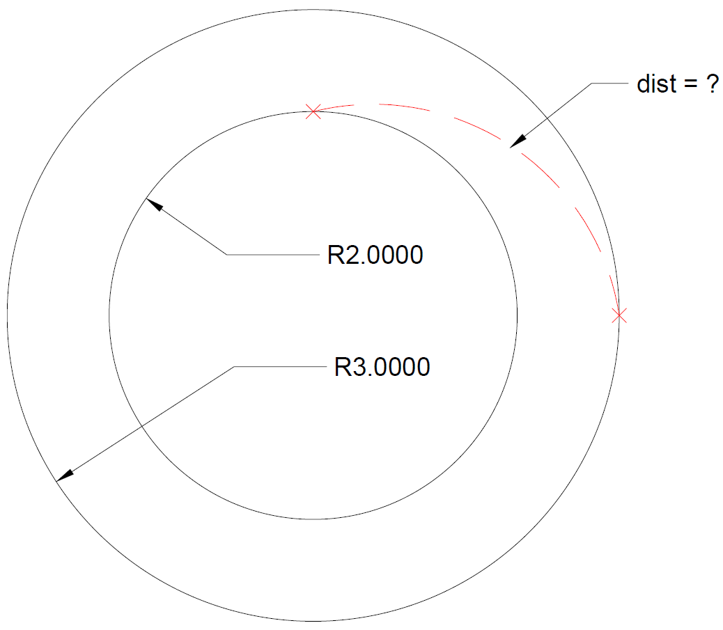 geometry Calculate distance between two points on concentric circles
