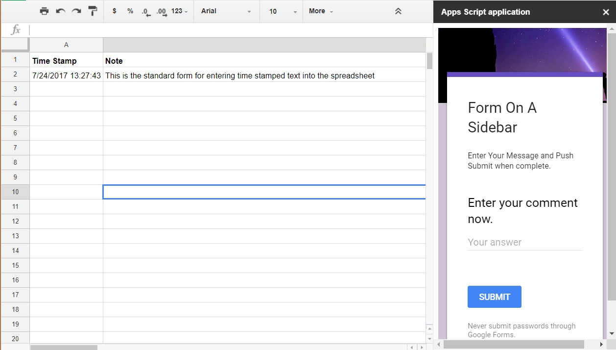 Create a Google Form in Pop up of Google Spreadsheet. Could this be