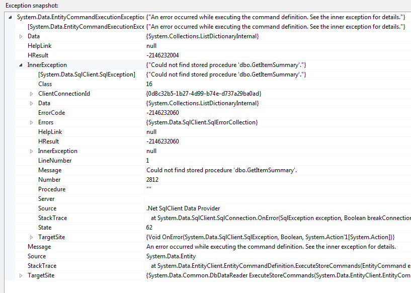 sql server Inner Exception Could not find stored procedure 'dbo