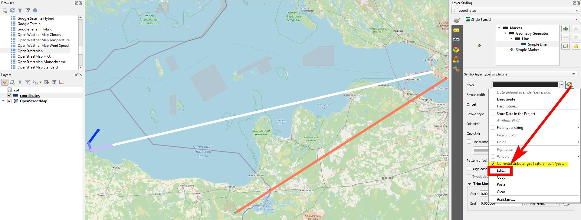 QGIS points to path colouring path/line with gradient colour Geographic Information Systems